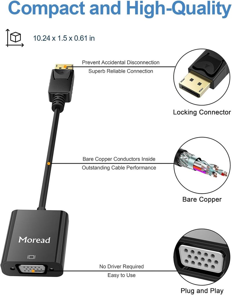 Moread DisplayPort (DP) to VGA Adapter, 2 Pack, Gold-Plated Display Port to VGA Adapter (Male to Female) Compatible with Computer, Desktop, Laptop, PC, Monitor, Projector, HDTV - Black - Image 3